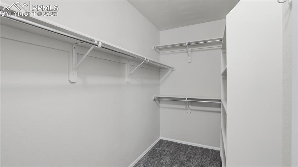 Primary Bedroom walk in closet with built-in shelves.