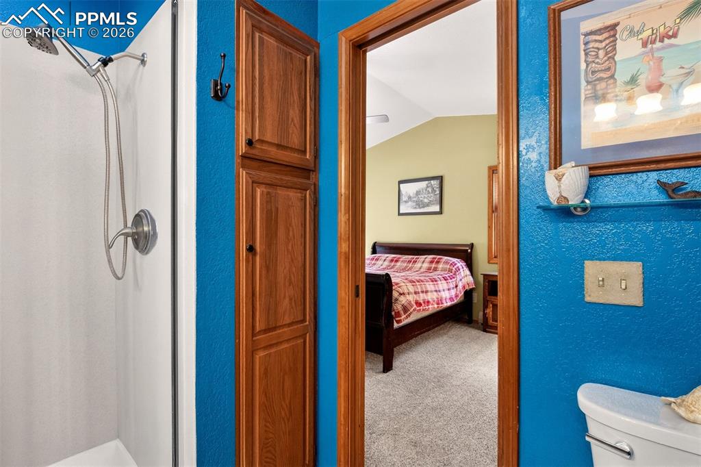 En suite primary bathroom with stand in shower and a skylight