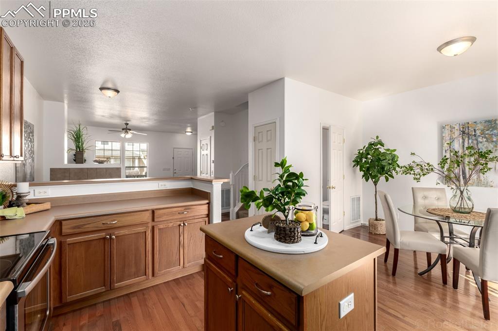 Kitchen features an island and showcases the open floor plan