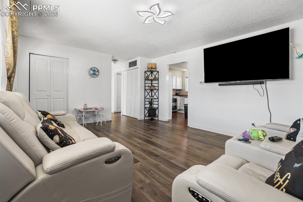 Living room with dark wood-type flooring and a textured ceiling