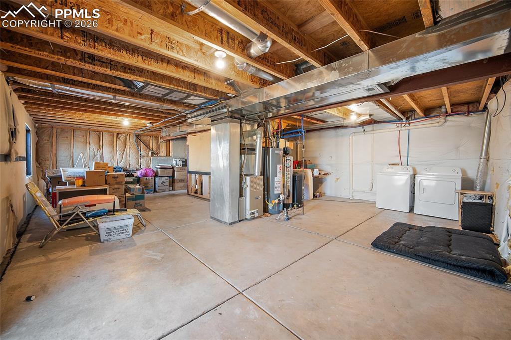 Unfinished basement featuring furnace, water heater, washer & dryer and water filtration system