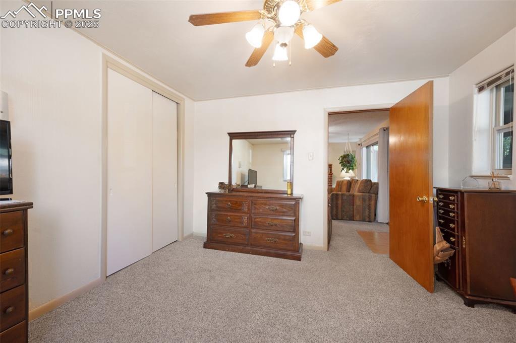 Bedroom featuring light carpet, multiple windows, a ceiling fan, and a closet