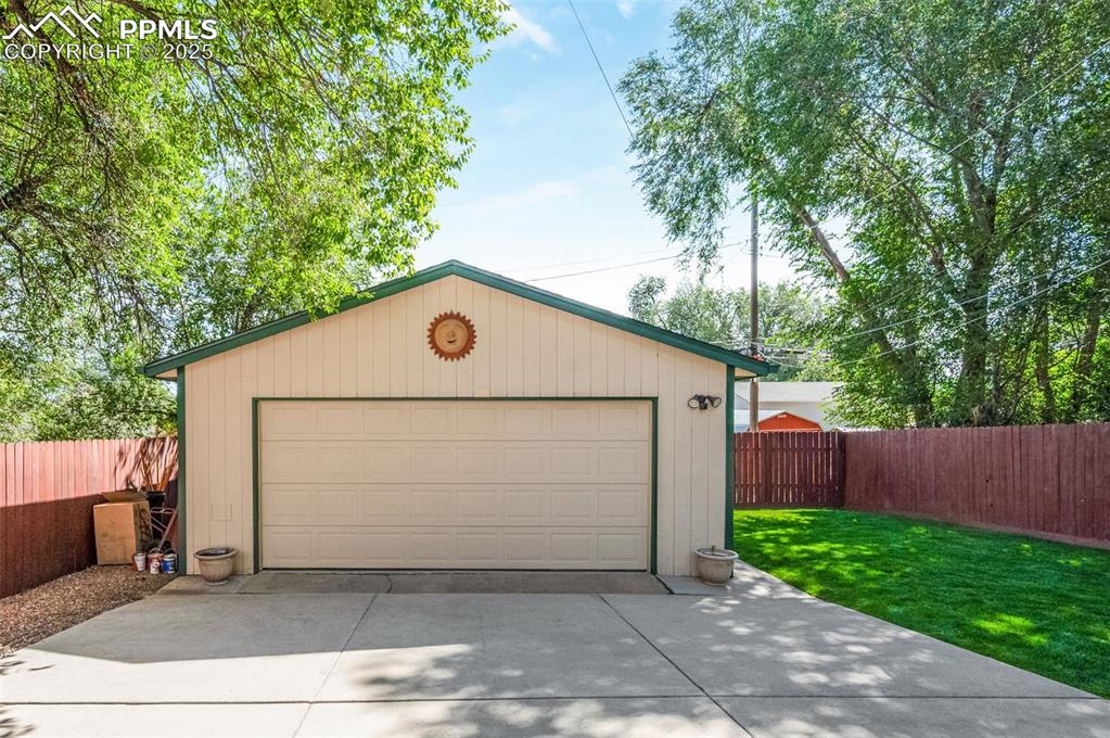 View of detached garage