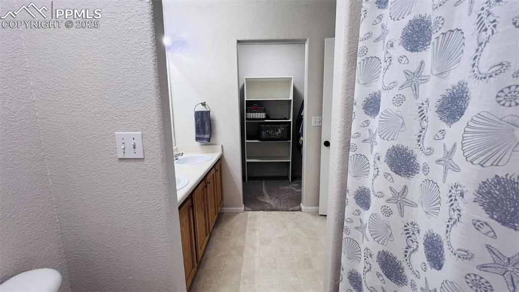Bathroom featuring vanity, a textured wall, and a shower with curtain