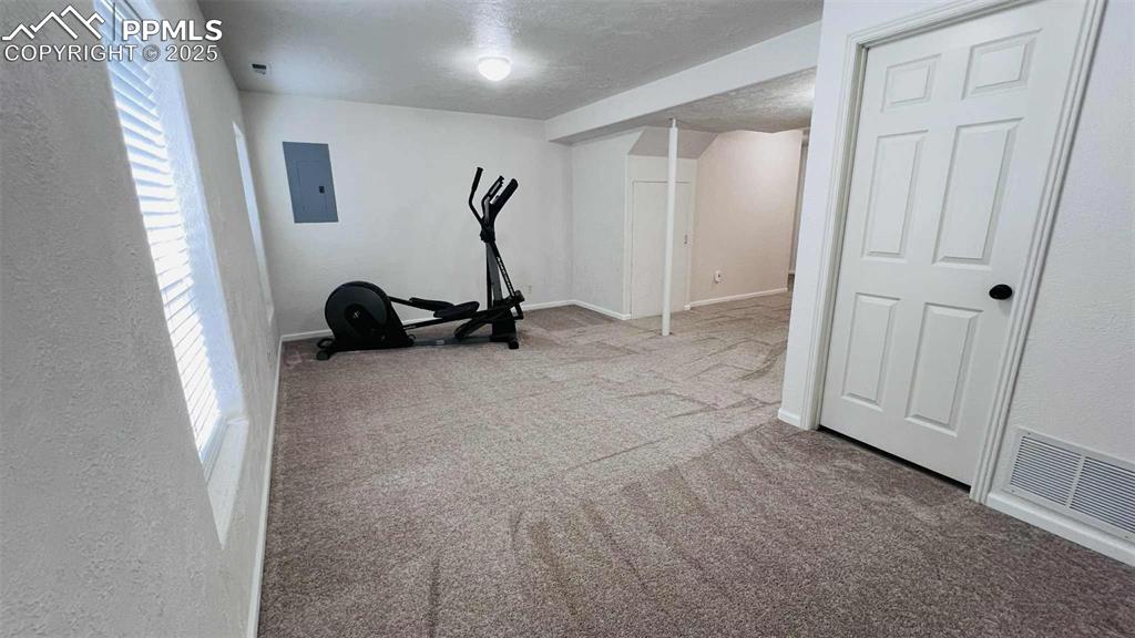 Workout room featuring carpet flooring, electric panel, a textured ceiling, and a textured wall