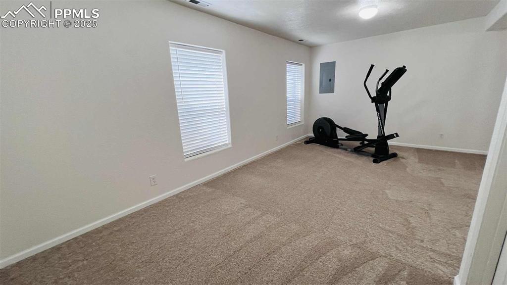 Exercise room with carpet and electric panel
