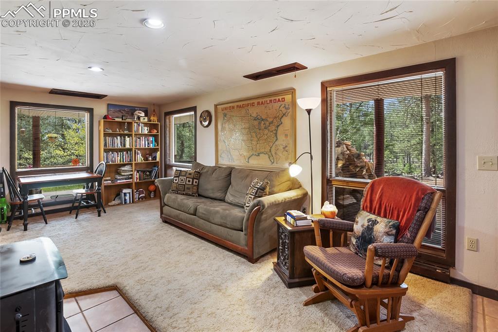 The family room with a healthy amount of natural light, light colored carpet, and light tile floors under the wood-burning stove!