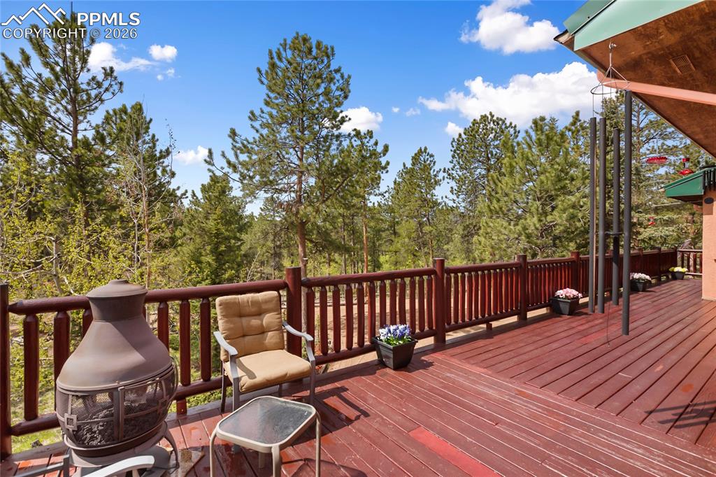 View of wooden deck with lots of mature trees!