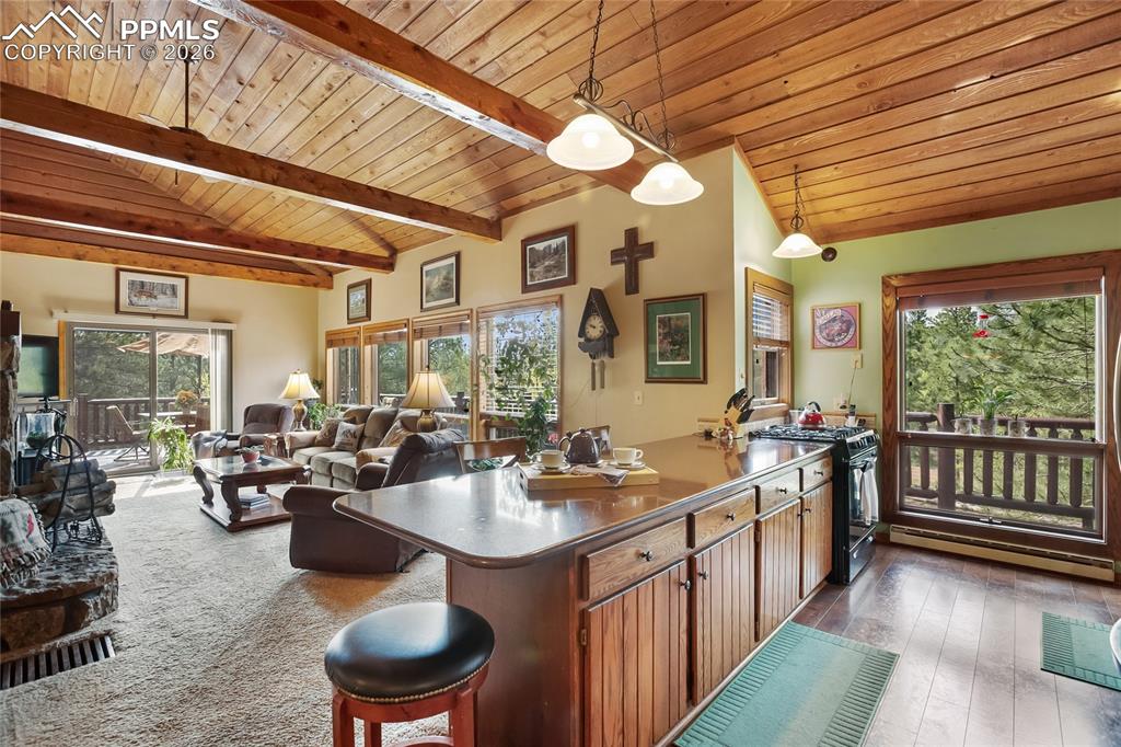 Kitchen featuring wooden ceiling, black gas range oven with spider burners, plenty of natural light, a baseboard heating unit, wood cabinetry over looking the living room!