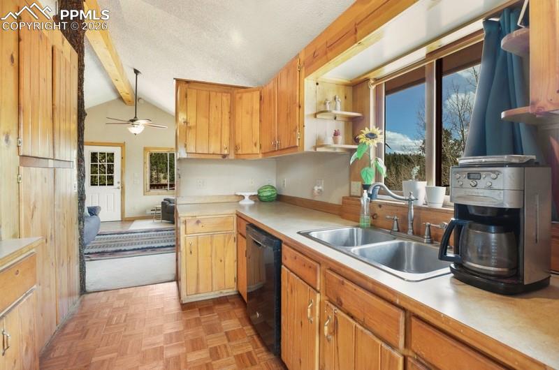 Kitchen with a sink, black dishwasher, healthy amount of natural light, light countertops, and a textured ceiling