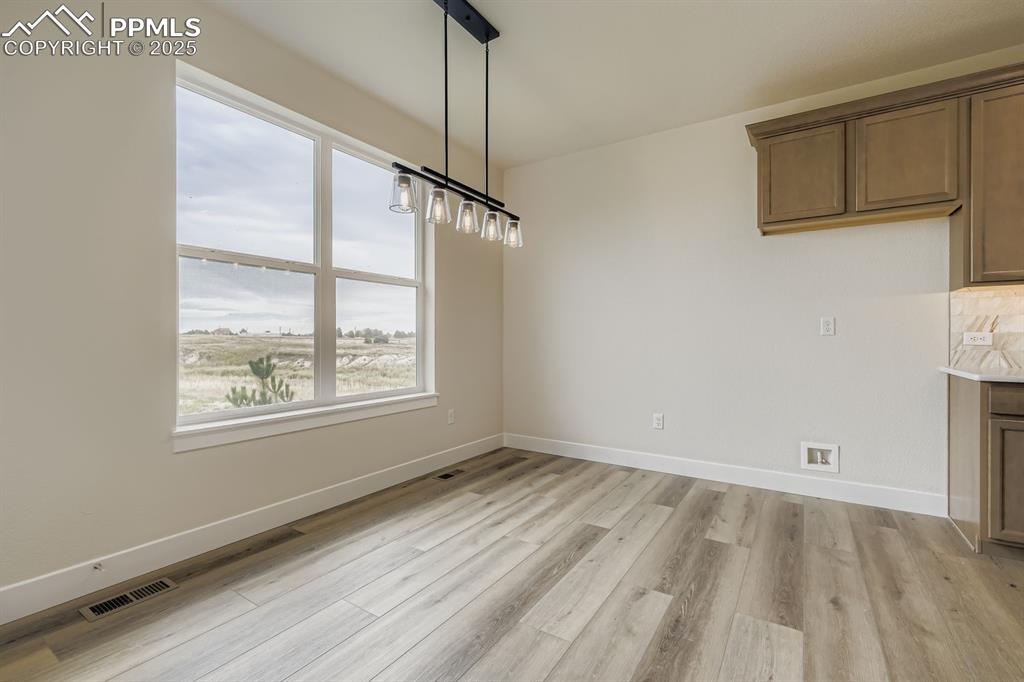 Unfurnished dining area with baseboards and light wood finished floors