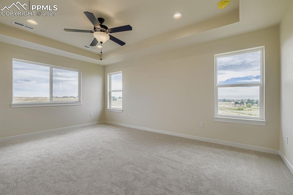 Spare room featuring a raised ceiling, light carpet, a ceiling fan, and recessed lighting