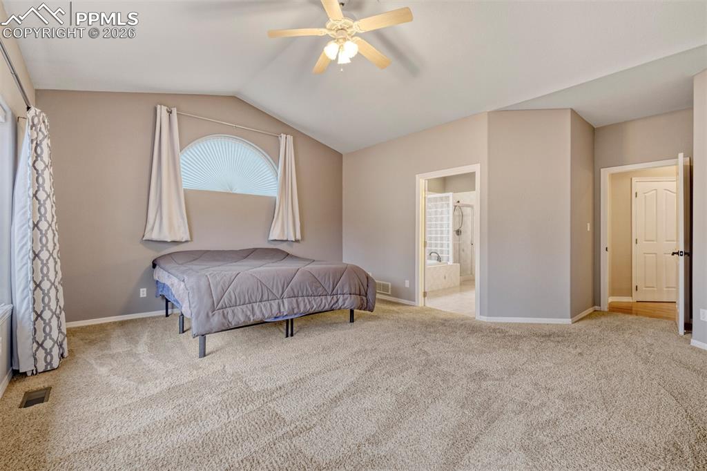 Master bedroom featuring carpet, ceiling fan, and ensuite bathroom, walk in closet and walkout to deck