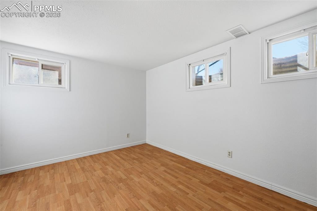 Large bedroom with plank flooring