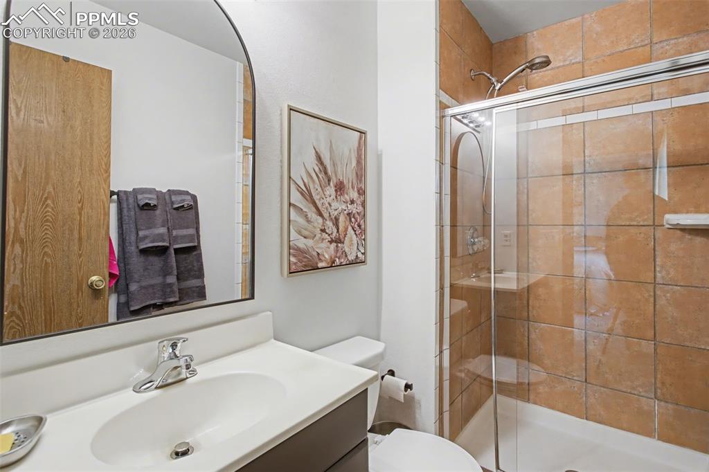 Lower level bathroom with tiled shower