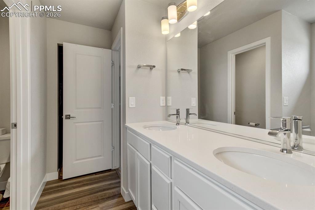 Bathroom with double vanity and dark wood finished floors