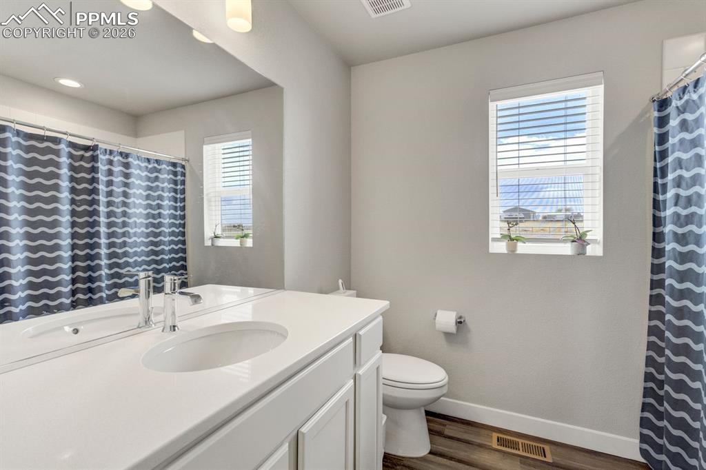 Bathroom featuring a shower with curtain, vanity, and dark wood-style flooring