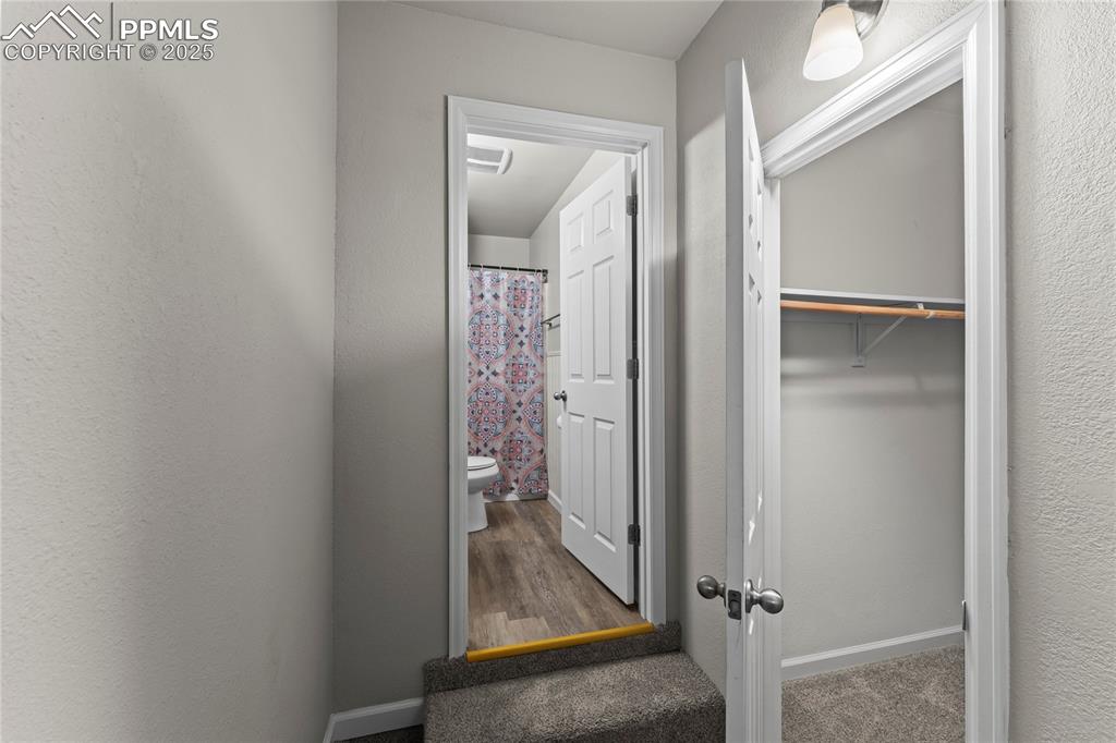Hallway featuring wood finished floors and a textured wall