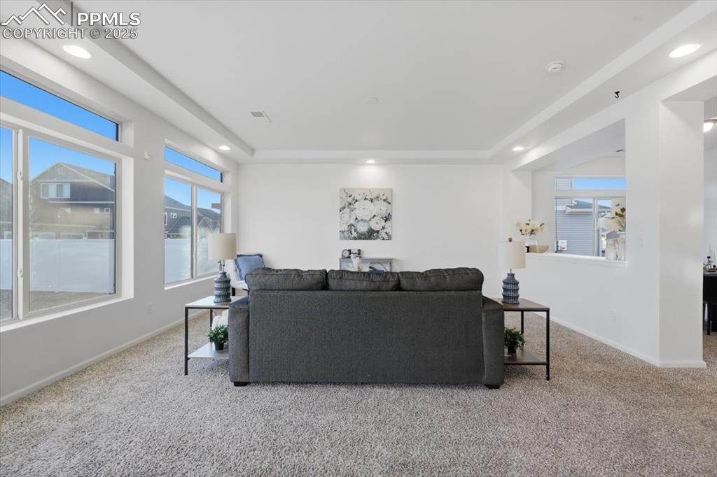 Living room featuring light carpet, a tray ceiling, and recessed lighting