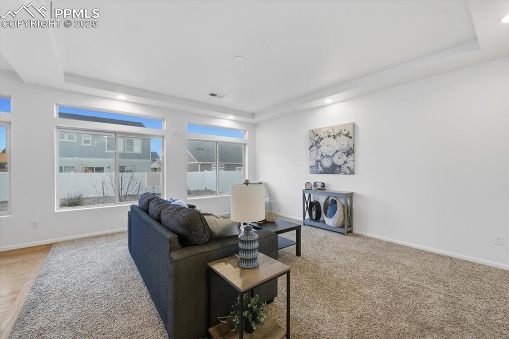 Living room featuring a tray ceiling, light carpet, and recessed lighting