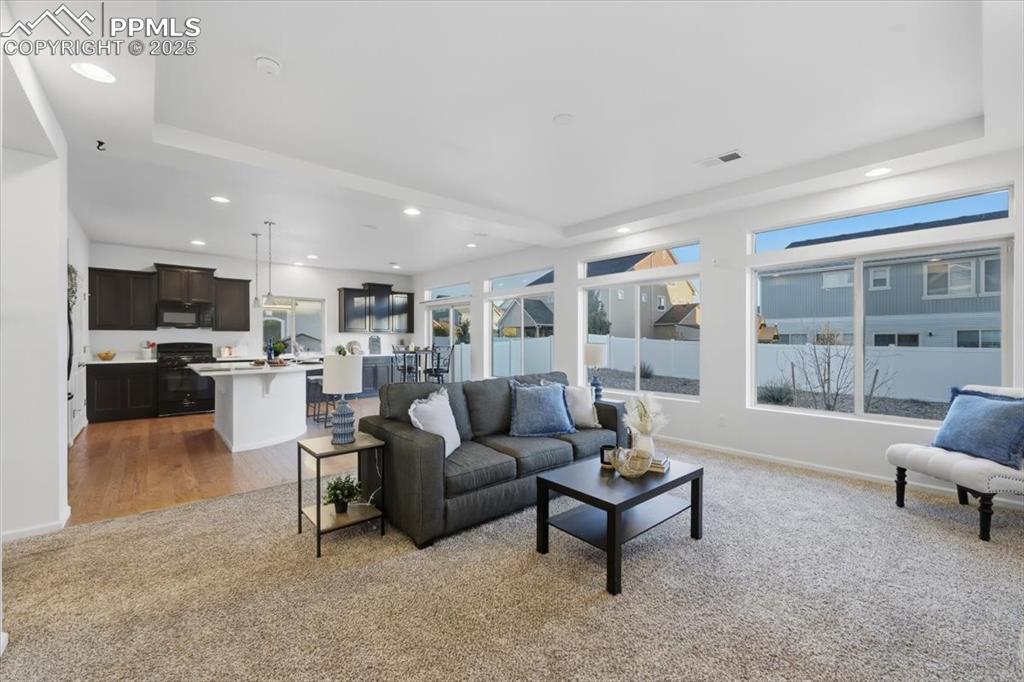 Living room featuring light carpet, a raised ceiling, and recessed lighting