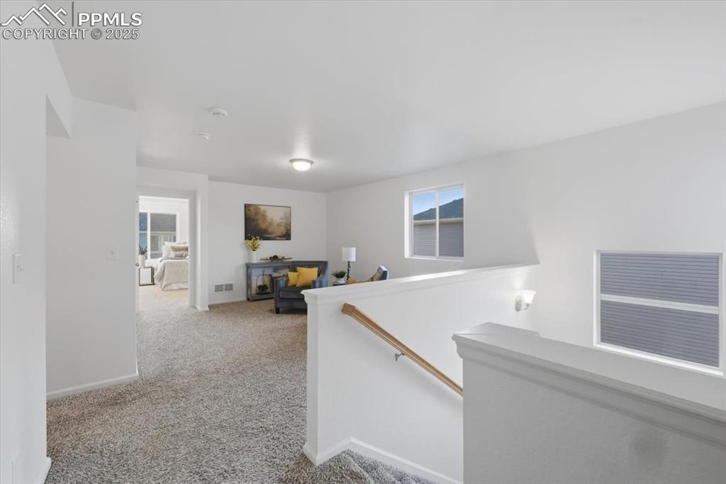 Hallway featuring an upstairs landing, carpet, and healthy amount of natural light