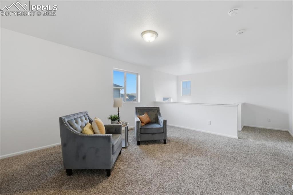 Sitting room with carpet flooring and baseboards