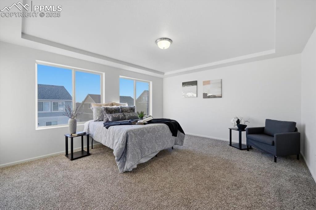 Bedroom with a raised ceiling and light carpet