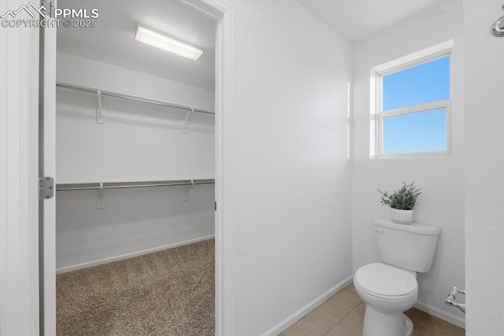 Bathroom featuring a spacious closet, light carpet, and light tile patterned floors