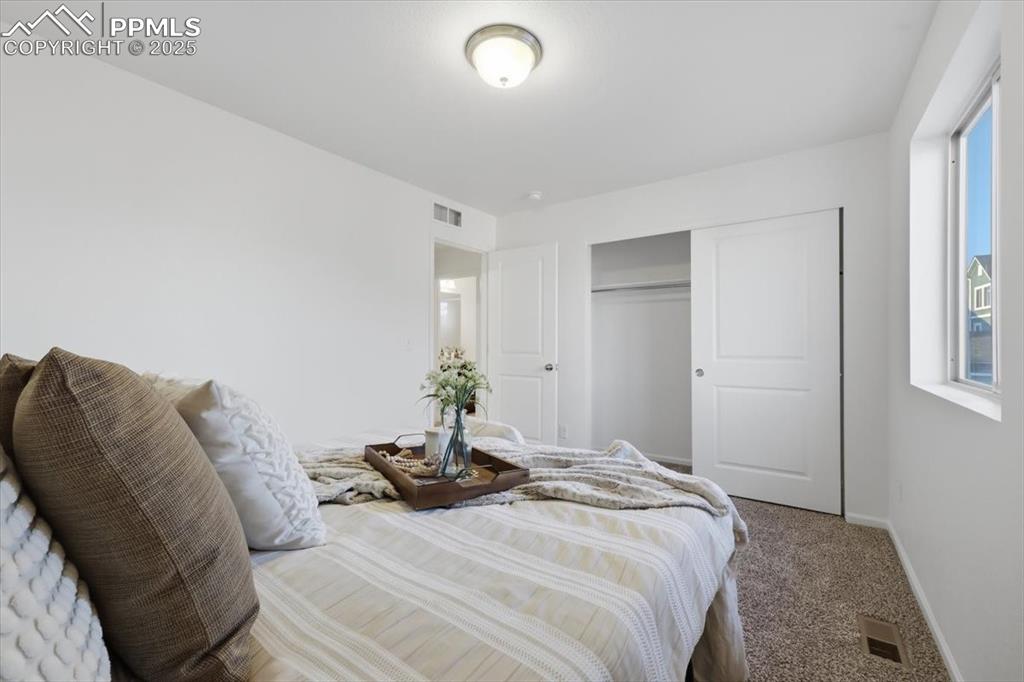 Carpeted bedroom with a closet and baseboards