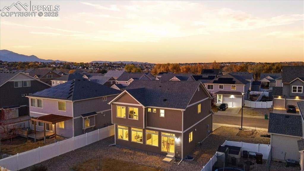 Aerial view at dusk of a residential view