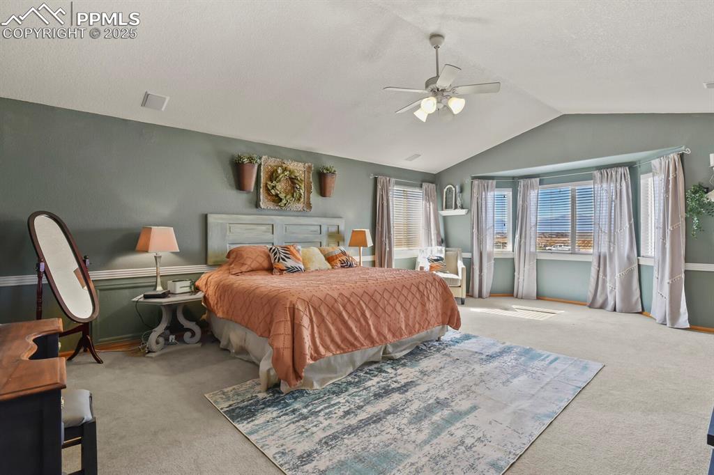Carpeted bedroom featuring lofted ceiling, a ceiling fan, and a textured ceiling