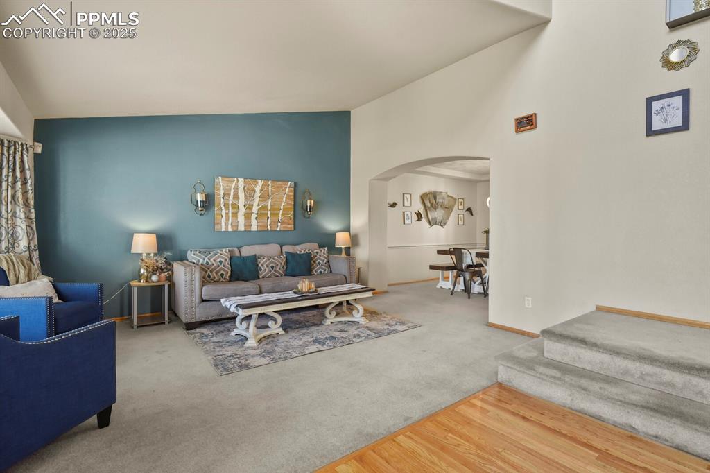 Living room featuring arched walkways, carpet flooring, wood finished floors, and high vaulted ceiling