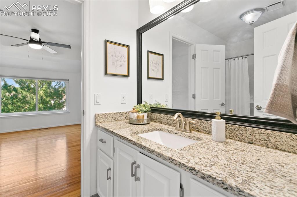 Bathroom with vanity, wood finished floors, and a shower with curtain