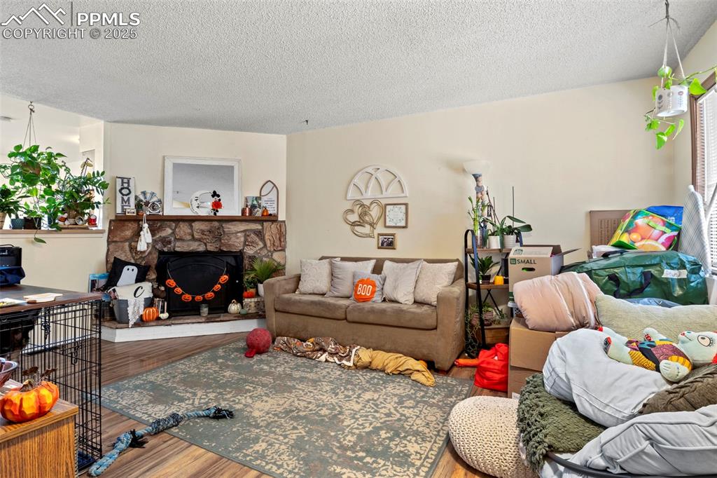 Living area featuring wood finished floors, a textured ceiling, and a fireplace