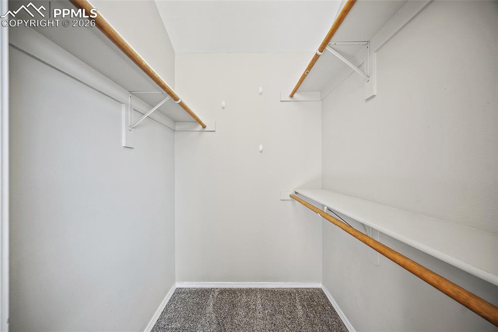 Walk in closet featuring dark colored carpet