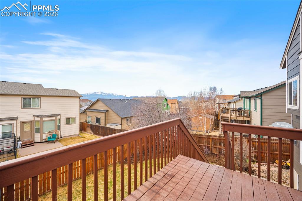 Deck with a fenced backyard and a residential view