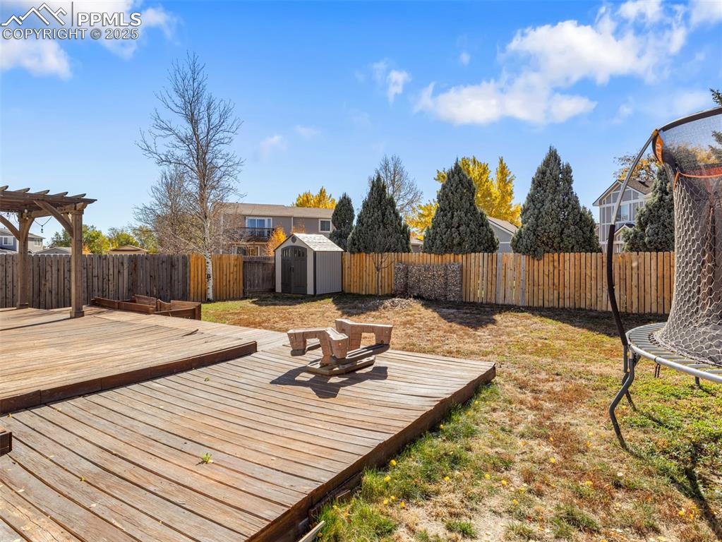 Deck featuring a fenced backyard, a shed, and a trampoline