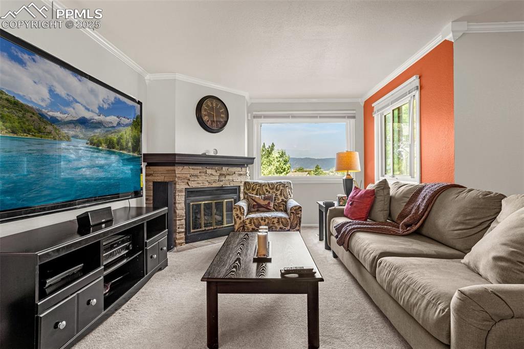 Living room, mountain views, gas fireplace