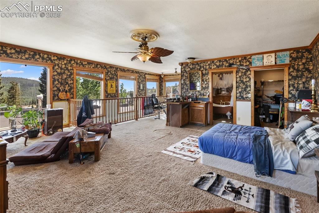 in this photo, which is looking north east to south west you can see the designer sink for the bath, the large closet for the space and again the railing over the staircase. proceeding west you can exit onto the wood deck and decsend the stairs into the yard.
