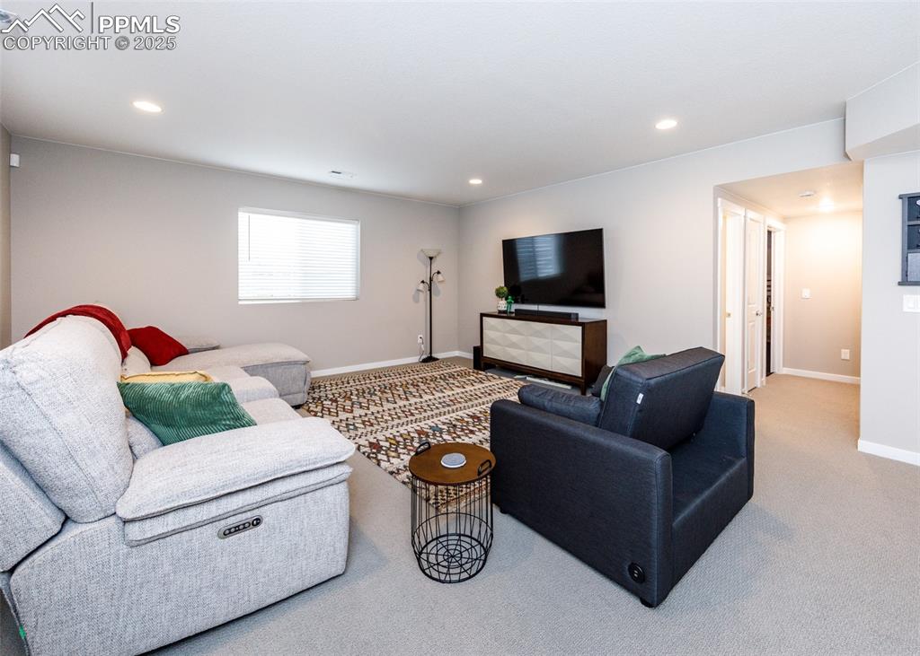 Spacious family room located in the full basement, ideal for gatherings and entertainment.