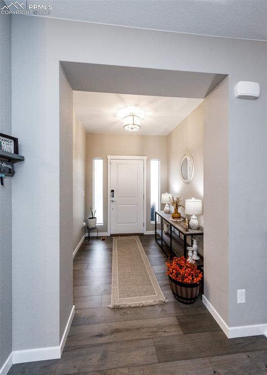 Step into a bright, inviting foyer highlighted by rich hardwood-style flooring and detailed baseboards that add a touch of elegance to the home’s entryway.