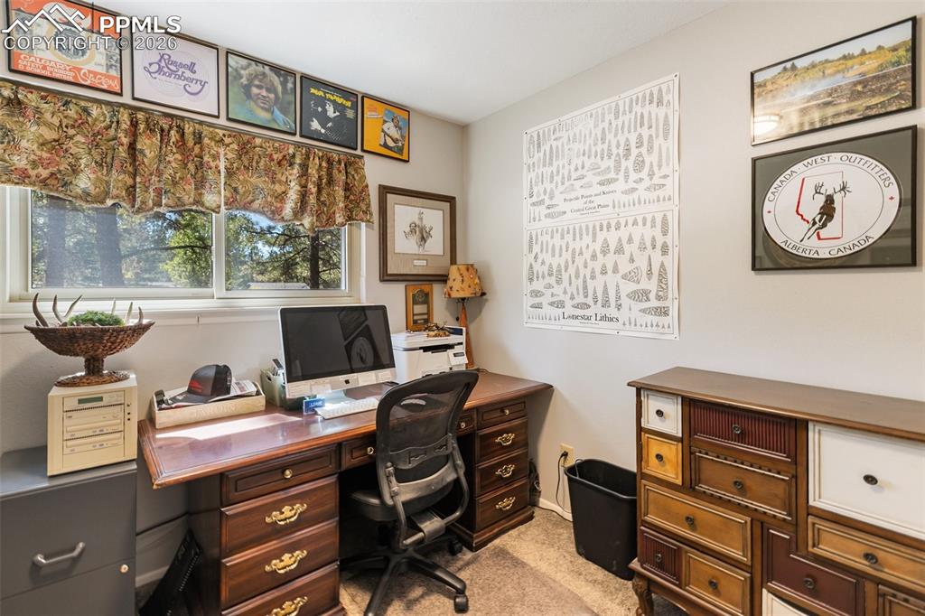 Office featuring light colored carpet