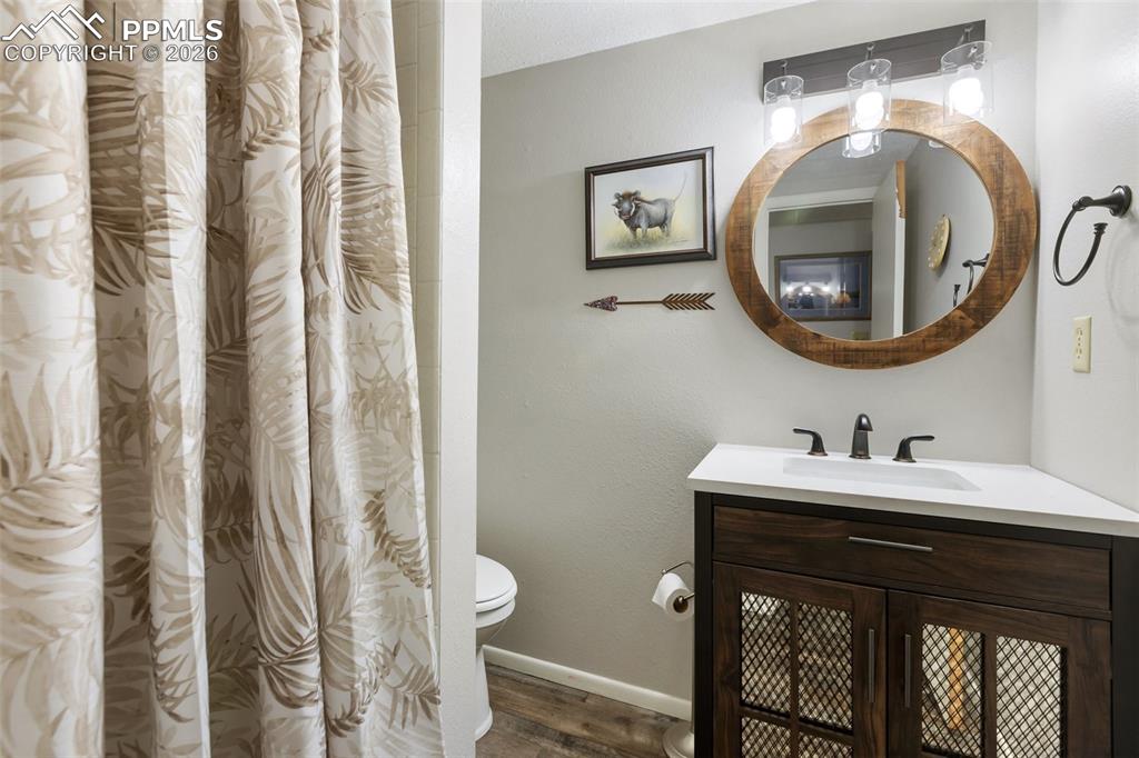 Bathroom with curtained shower, vanity, and wood finished floors