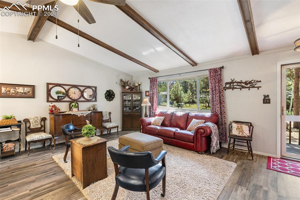 Living area featuring wood finished floors and ceiling fan