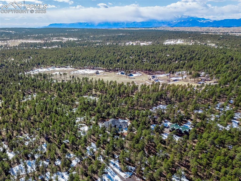 Drone / aerial view with a mountain view and a wooded view