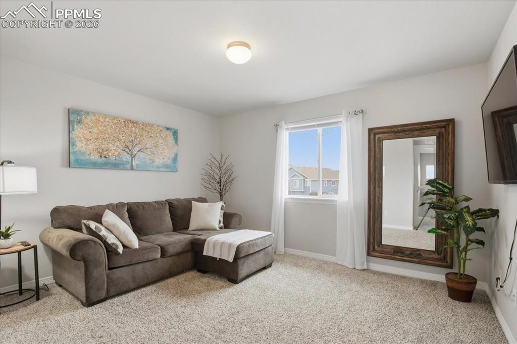 Rear facing second floor bedroom next to the primary currently being used as a secondary living space 