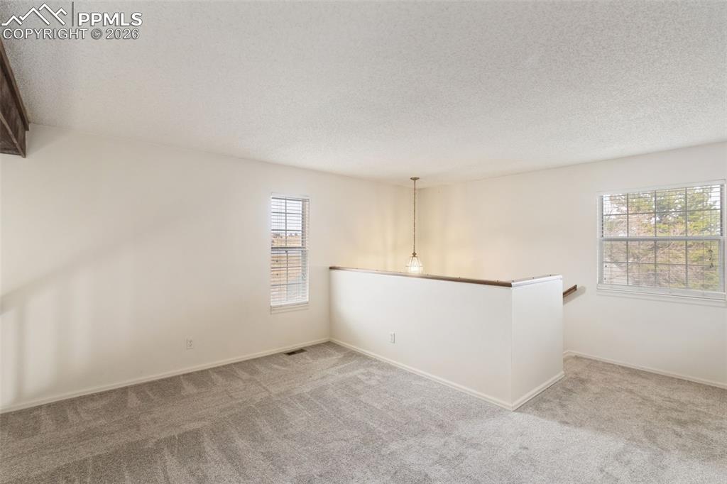 Carpeted loft overlooking the living room