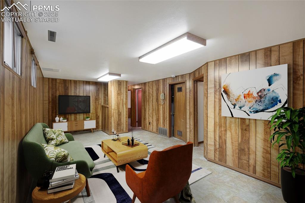 Virtually staged family room in basement