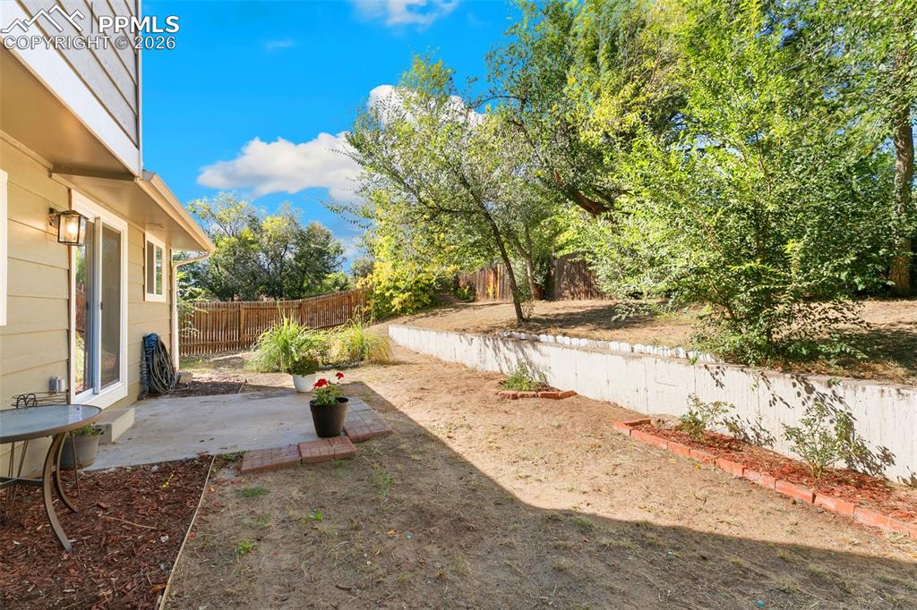 Fenced backyard featuring a patio